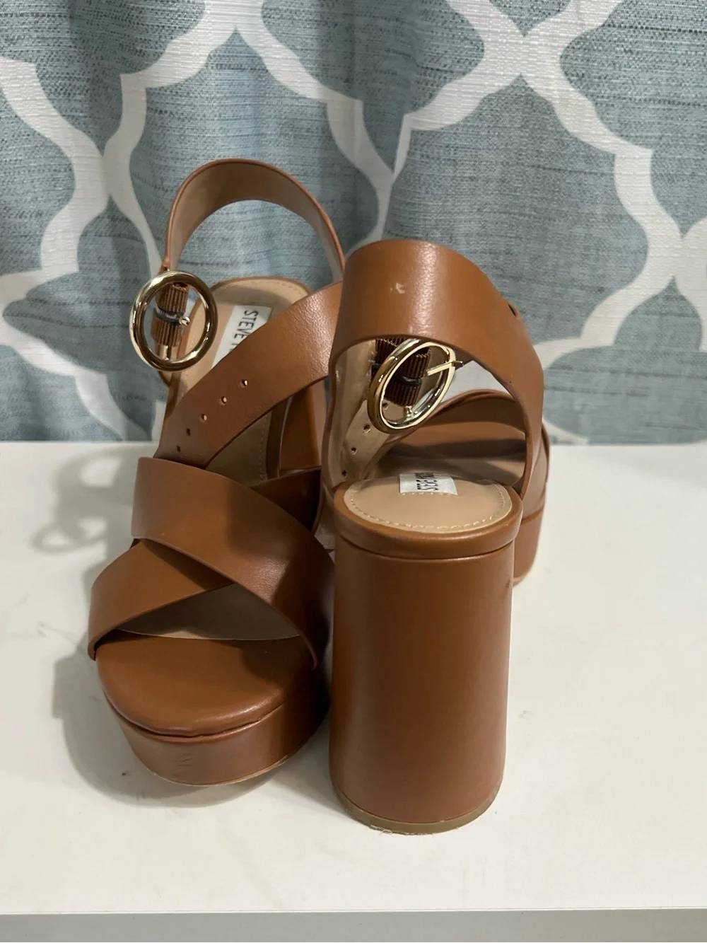 Steve Madden Brown Platform thick Heel Sandals with Gold Buckle